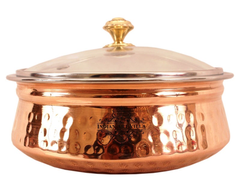 INDIAN ART VILLA Steel Copper Serving Handi with Glass Lid, Serving Dishes Chicken Briyani Vegetables Home Hotel Restaurant Tableware, Volume - 800 ML (Pack of 1) - Image 2