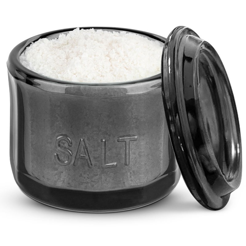 KooK Glass Salt Cellar, with Lid, Embossed Pressed Glass, Clear Storage Container, for Coffee, Sugar, Spices and Candies, 10 oz (Black) - Image 1