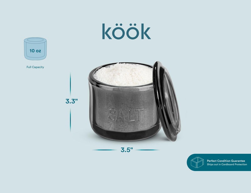 KooK Glass Salt Cellar, with Lid, Embossed Pressed Glass, Clear Storage Container, for Coffee, Sugar, Spices and Candies, 10 oz (Black) - Image 5