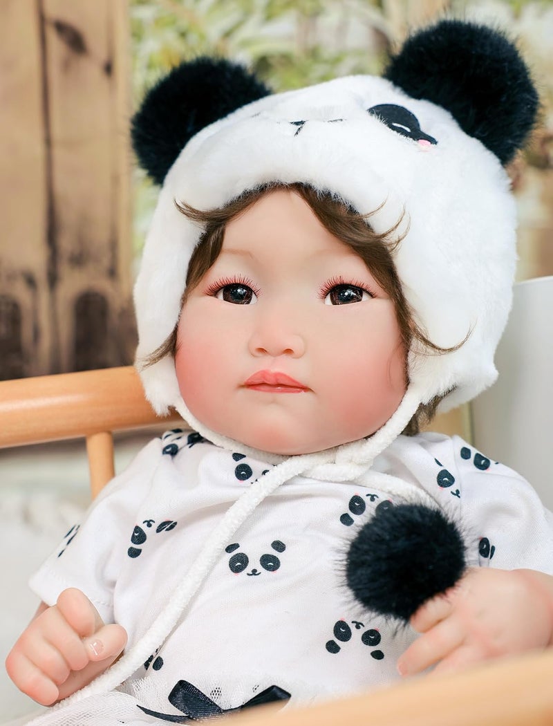 Cloveray Reborn Baby Dolls 18 Inch Large Realistic Soft Body Asian Baby Doll with Panda Outfit Brown Glass Eyes Gift for Girls Ages 3 Comforting Companion Pretend Play Collectible - Image 3