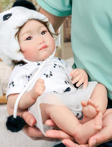 Cloveray Reborn Baby Dolls 18 Inch Large Realistic Soft Body Asian Baby Doll with Panda Outfit Brown Glass Eyes Gift for Girls Ages 3 Comforting Companion Pretend Play Collectible - Image 5