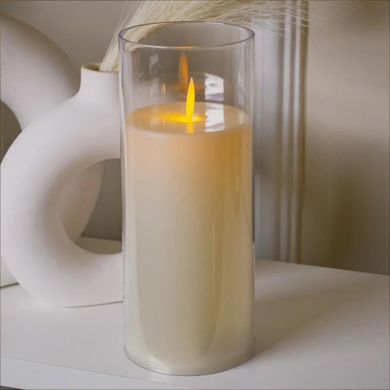 CHRONOS Acrylic Glass LED Moving Flame Pillar Candle, Flameless, Smokeless, Realistic Flickering, Warm White Light for Home Decor, Diwali, and Christmas (7 Inch) - Image 1