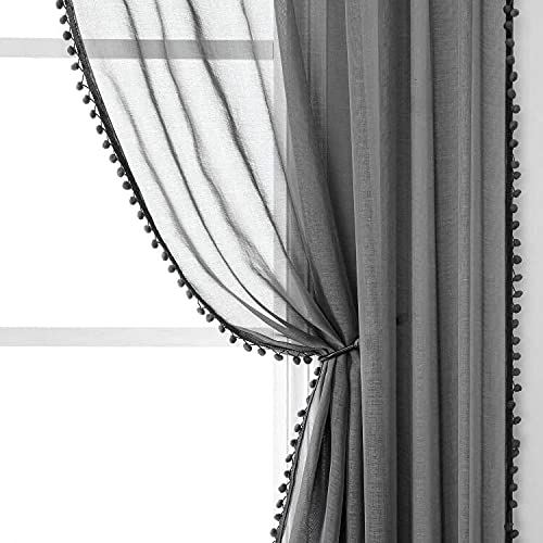 MISS SELECTEX Linen Look Pom Pom Tasseled Sheer Curtains - Rod Pocket Voile Semi-Sheer Curtains for Living and Bedroom  Set of 2 Curtain Panels (52 x 63 inch  Dark Grey) - Image 1
