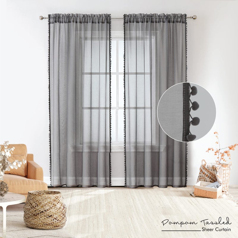 MISS SELECTEX Linen Look Pom Pom Tasseled Sheer Curtains - Rod Pocket Voile Semi-Sheer Curtains for Living and Bedroom  Set of 2 Curtain Panels (52 x 63 inch  Dark Grey) - Image 2
