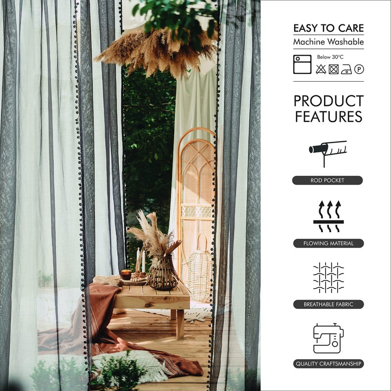 MISS SELECTEX Linen Look Pom Pom Tasseled Sheer Curtains - Rod Pocket Voile Semi-Sheer Curtains for Living and Bedroom  Set of 2 Curtain Panels (52 x 63 inch  Dark Grey) - Image 5