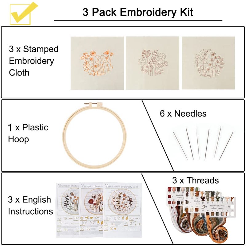 Uphome 3 Pack Embroidery Starter Kit for Beginners Stamped Cross Stitch Kits with Cute Flowers and Plants Patterns with 1 Embroidery Hoop and Color Threads for Adults Kids - Image 3