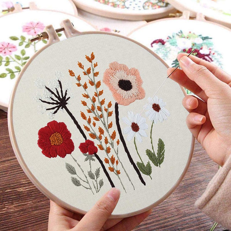 Uphome 3 Pack Embroidery Starter Kit for Beginners Stamped Cross Stitch Kits with Cute Flowers and Plants Patterns with 1 Embroidery Hoop and Color Threads for Adults Kids - Image 4
