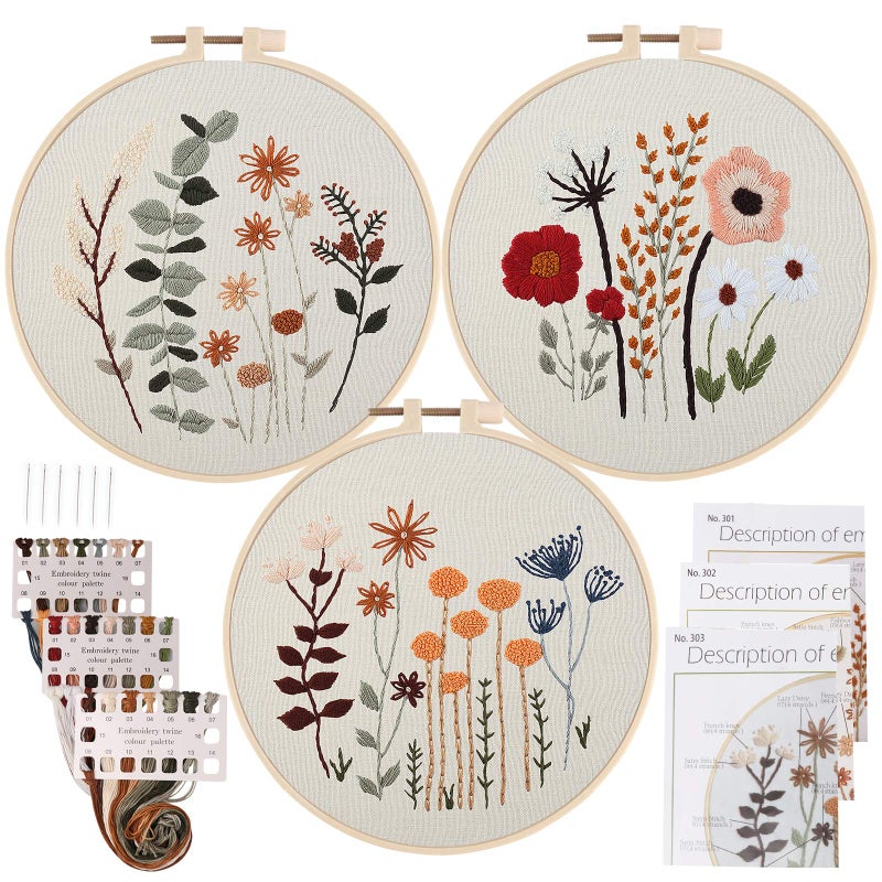 Uphome 3 Pack Embroidery Starter Kit for Beginners Stamped Cross Stitch Kits with Cute Flowers and Plants Patterns with 1 Embroidery Hoop and Color Threads for Adults Kids - Image 1