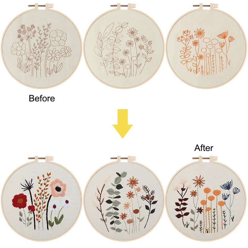 Uphome 3 Pack Embroidery Starter Kit for Beginners Stamped Cross Stitch Kits with Cute Flowers and Plants Patterns with 1 Embroidery Hoop and Color Threads for Adults Kids - Image 2