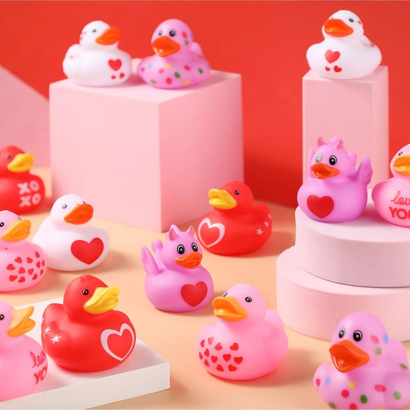 Sratte Sratte 24 Pcs Valentine Ducks Rubber Ducks in Bulk 2 Inch Mini Love Heart Assorted Pink Red White Squeaky Bath Toys for Valentines Day Party Favors Classroom Goodie Bag Fillers  - Image 3