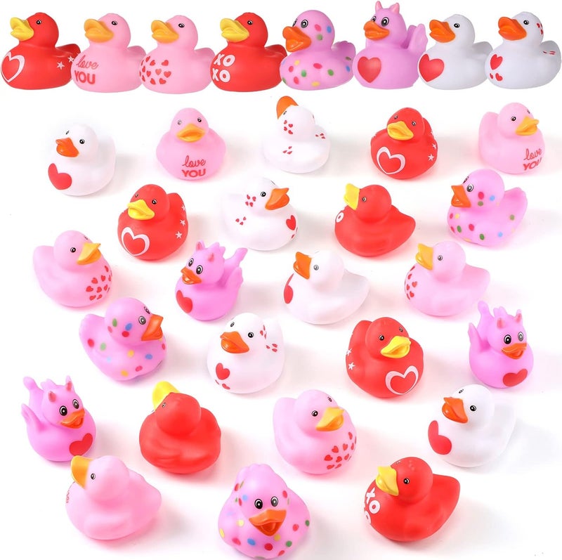 Sratte Sratte 24 Pcs Valentine Ducks Rubber Ducks in Bulk 2 Inch Mini Love Heart Assorted Pink Red White Squeaky Bath Toys for Valentines Day Party Favors Classroom Goodie Bag Fillers  - Image 1