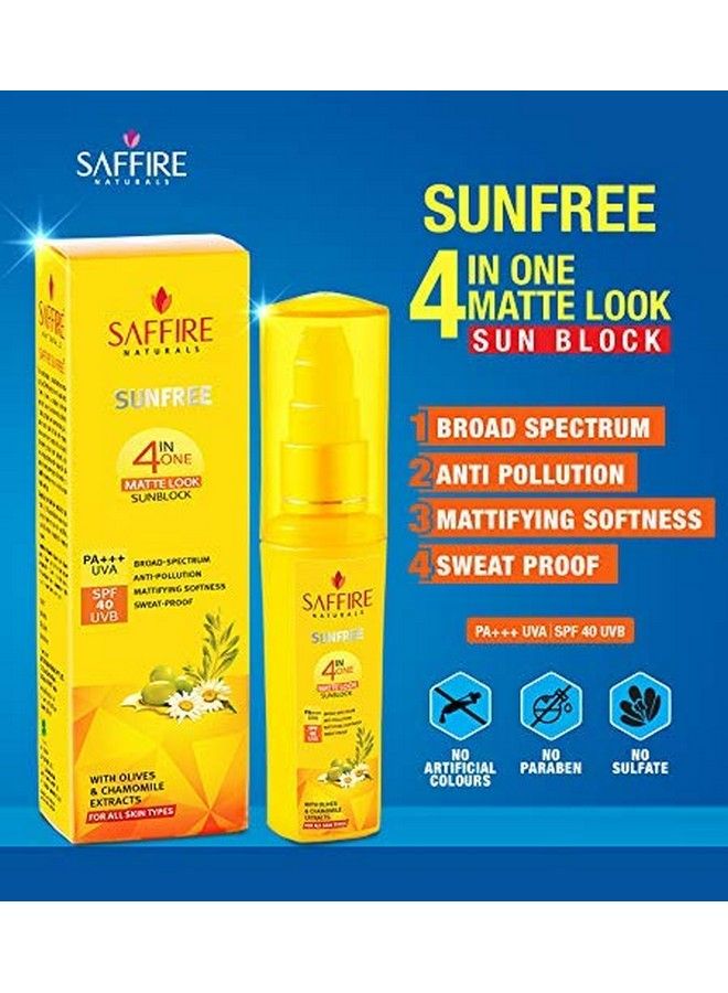 SAFFIRE Naturals Sunfree Matte Look 4In1 Sunscreen ; Spf 40 ; Pa+++ ; Lightweight With Chamomile & Olives ; Acne Safe & No White Caste Sunscreen (50Ml) - Image 2