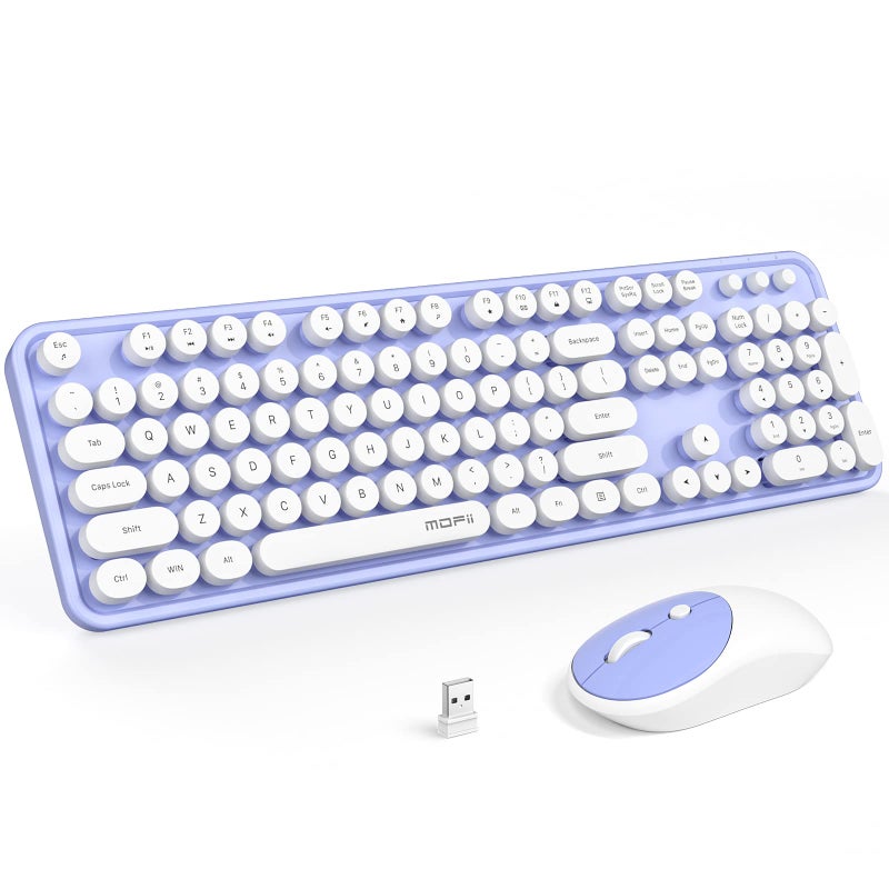 MOFII Wireless Keyboard and Mouse Combo, Computer Full Size 2.4G Plug and Play Wireless Typewriter Retro Round Keyboard and Mouse Set for Windows, Computer, Desktop, PC, Notebook - (Light Purple) - Image 1