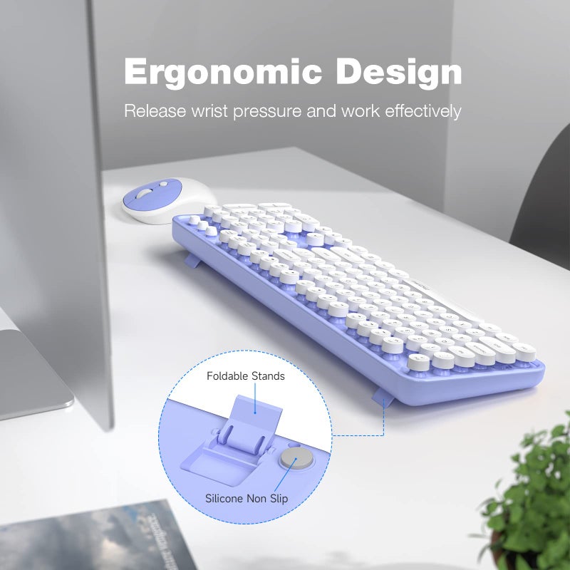 MOFII Wireless Keyboard and Mouse Combo, Computer Full Size 2.4G Plug and Play Wireless Typewriter Retro Round Keyboard and Mouse Set for Windows, Computer, Desktop, PC, Notebook - (Light Purple) - Image 3