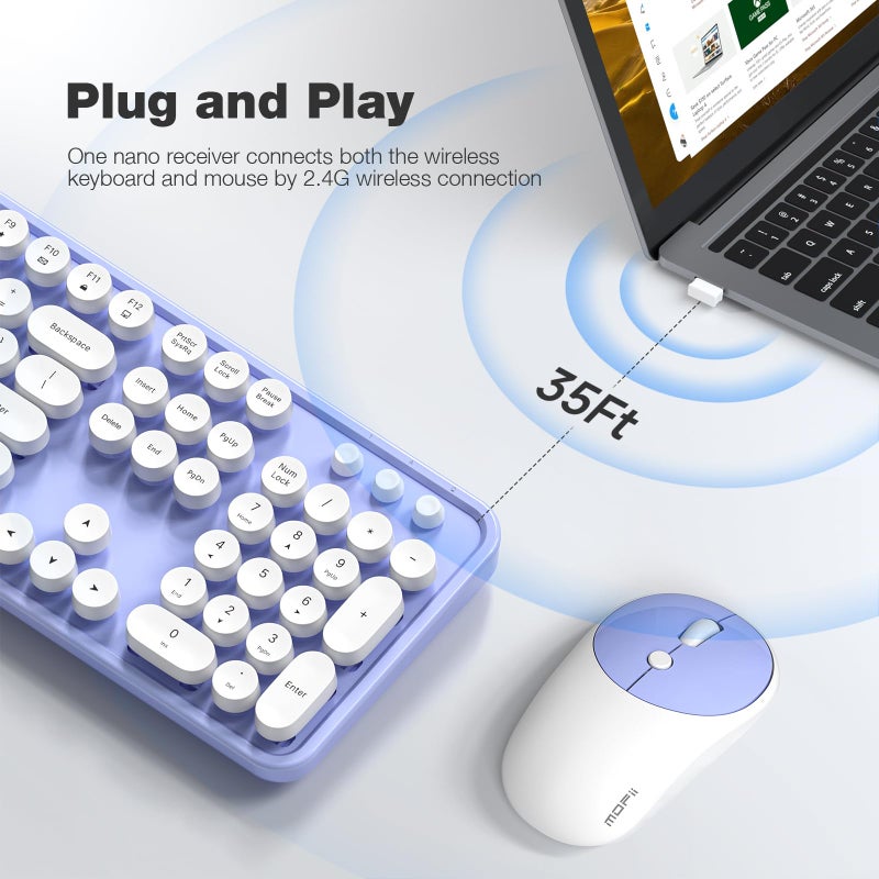 MOFII Wireless Keyboard and Mouse Combo, Computer Full Size 2.4G Plug and Play Wireless Typewriter Retro Round Keyboard and Mouse Set for Windows, Computer, Desktop, PC, Notebook - (Light Purple) - Image 2
