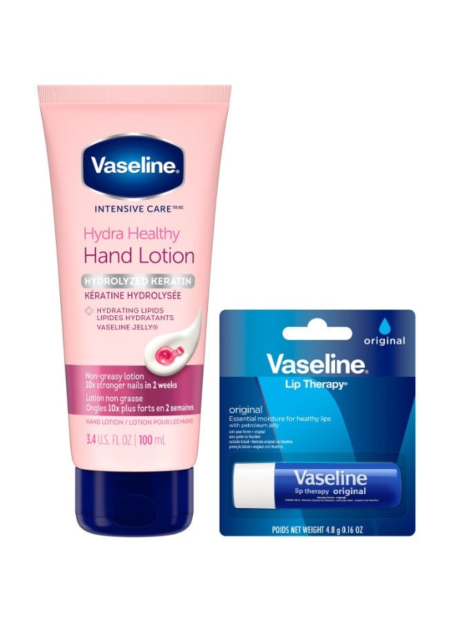 Vaseline Lotion & Lip Therapy Bundle â€“ Healthy Hands Stronger Nails with Keratin Intensive Care Hand Lotion + Original Lip Balm Tube - Image 1