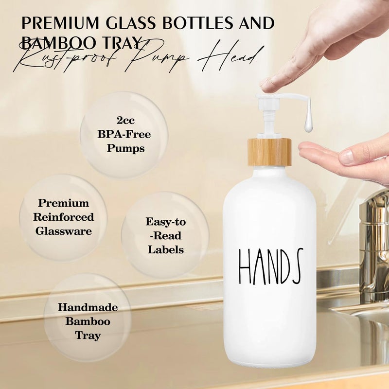 ARKTEK Glass Soap Dispenser Set with Tray, 2 Pack Hand and Dish Soap Dispenser Set for Bathroom and Kitchen Bottle Dispenser with Dish Soap, Hand Soap, Lotion 17 Oz (2 White) - Image 4