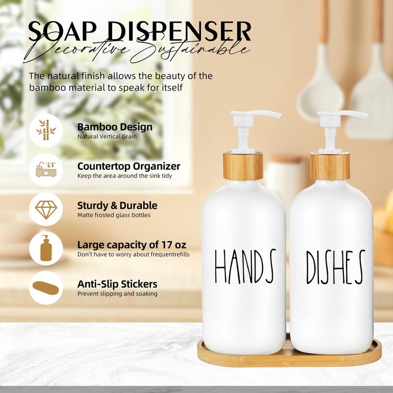 ARKTEK Glass Soap Dispenser Set with Tray, 2 Pack Hand and Dish Soap Dispenser Set for Bathroom and Kitchen Bottle Dispenser with Dish Soap, Hand Soap, Lotion 17 Oz (2 White) - Image 3