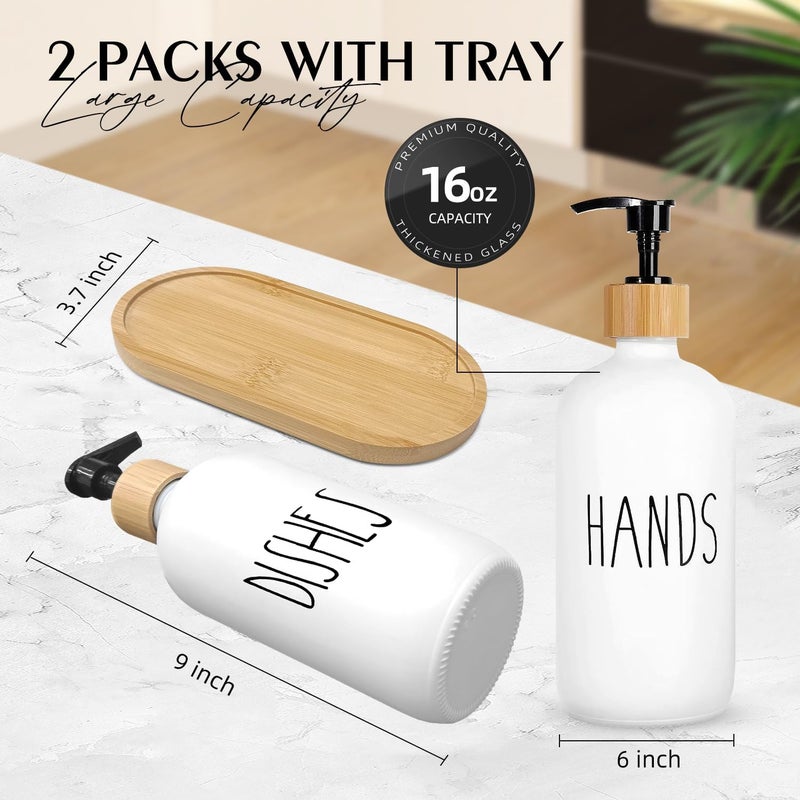 ARKTEK Glass Soap Dispenser Set with Tray, 2 Pack Hand and Dish Soap Dispenser Set for Bathroom and Kitchen Bottle Dispenser with Dish Soap, Hand Soap, Lotion 17 Oz (2 White) - Image 2