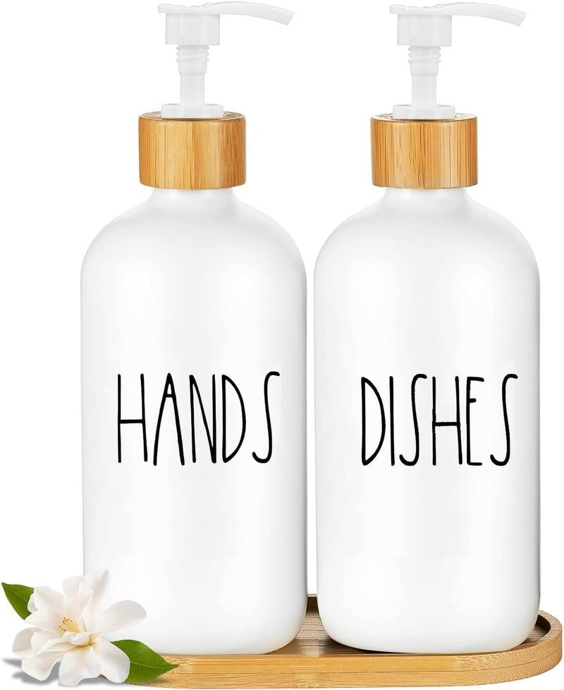 ARKTEK Glass Soap Dispenser Set with Tray, 2 Pack Hand and Dish Soap Dispenser Set for Bathroom and Kitchen Bottle Dispenser with Dish Soap, Hand Soap, Lotion 17 Oz (2 White) - Image 1