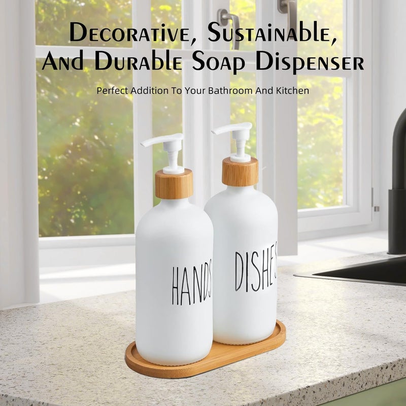 ARKTEK Glass Soap Dispenser Set with Tray, 2 Pack Hand and Dish Soap Dispenser Set for Bathroom and Kitchen Bottle Dispenser with Dish Soap, Hand Soap, Lotion 17 Oz (2 White) - Image 5