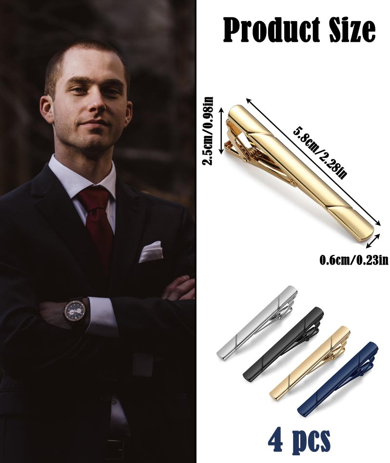 NUDFSY 4 Pcs Tie Pin, Tie Pin for Men Formal, Tie Clip for Men Plain Twill Tie Clip High-End Fashion Business Tie Clip Suitable for Formal Suit for Men (Black Silver Gold Blue) - Image 3