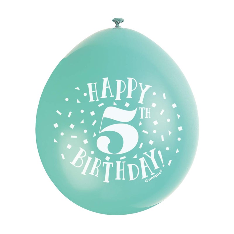 Unique Party 56039  9 Latex Assorted Happy 5th Birthday Balloons Pack of 10 - Image 1