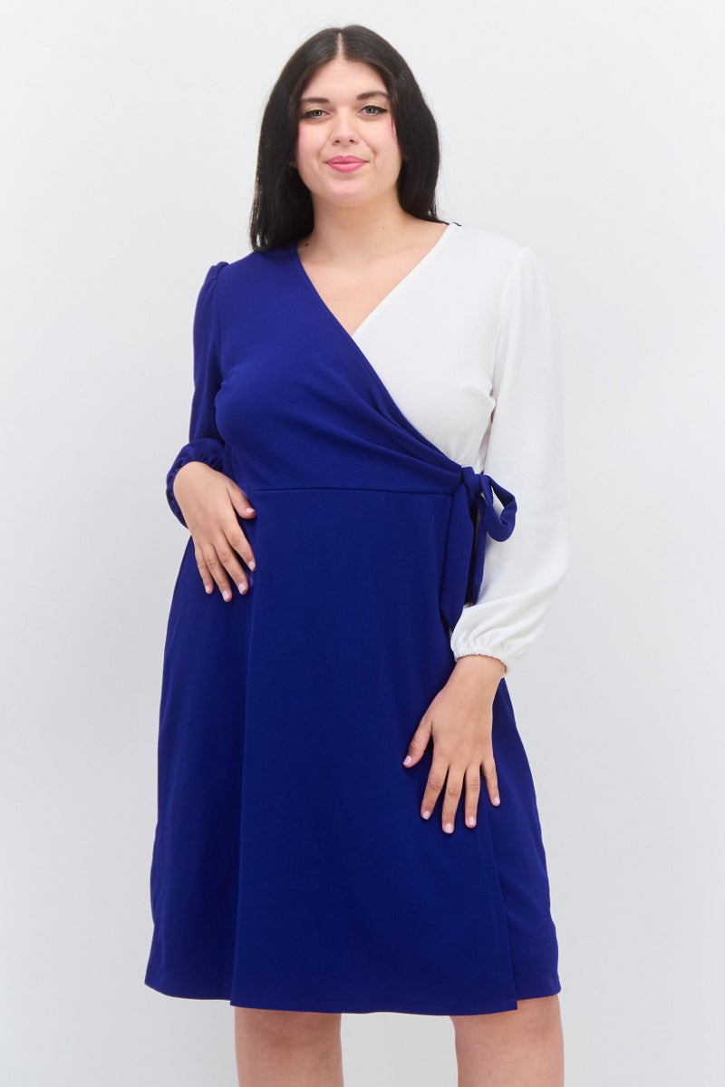 Kasper  Women Plus Size Two Tone Ribbon Detailed Mini Dress, Blue - Image 1