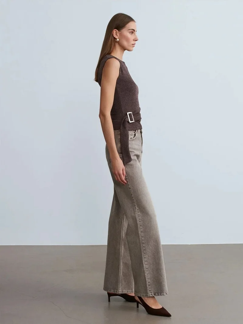 Dilvin DILVIN Belted Ribbed Sleeveless Blouse