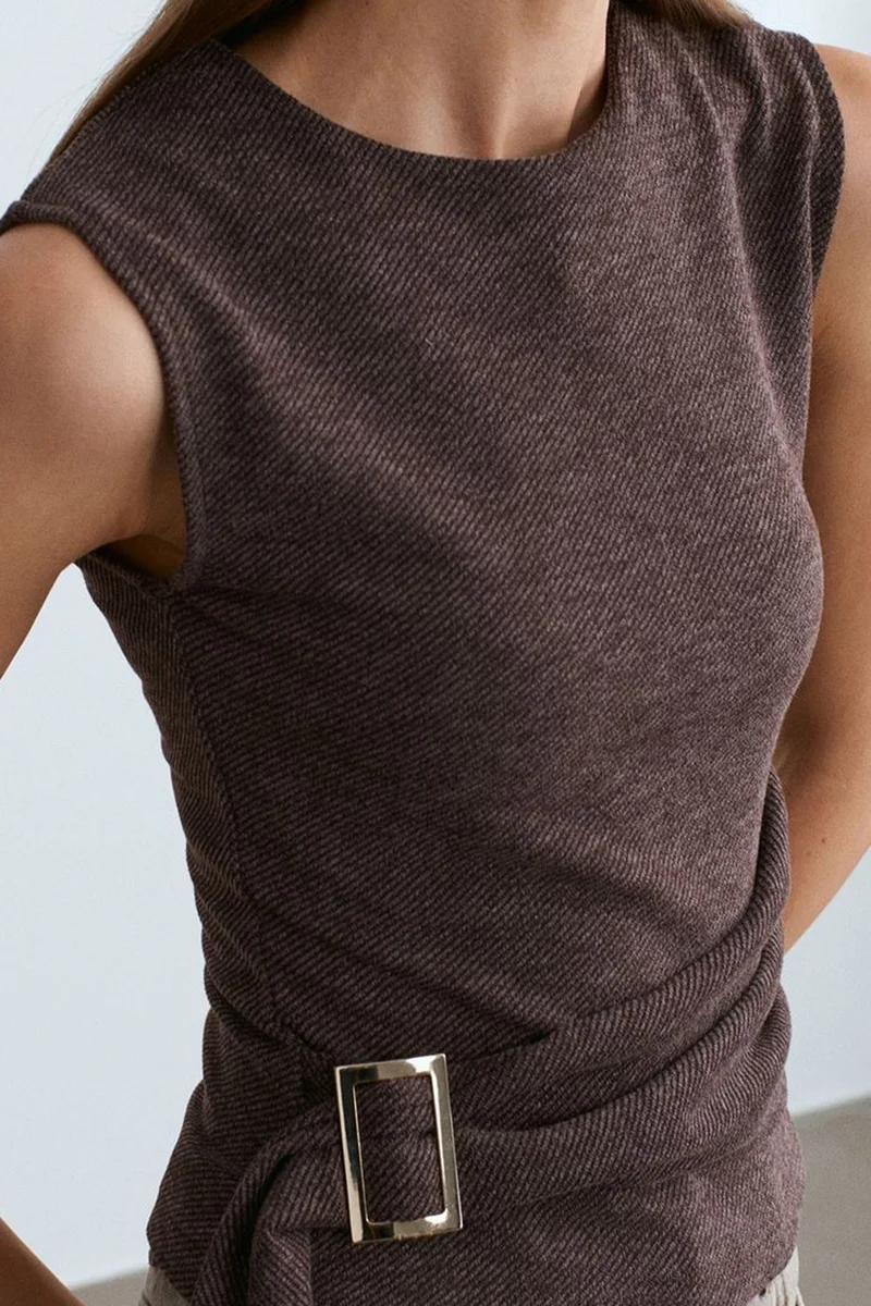 ديلفين DILVIN Belted Ribbed Sleeveless Blouse