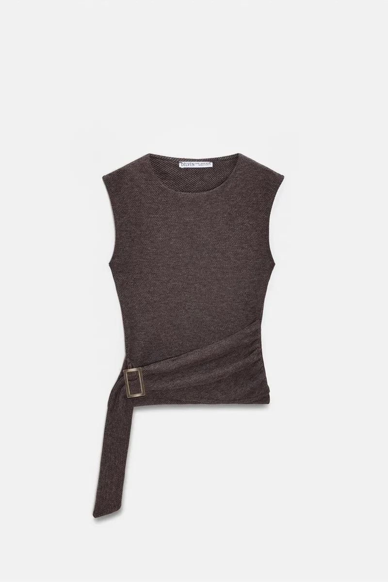 Dilvin Coffee Brown DILVIN Belted Ribbed Sleeveless Blouse for Women | Best Price UAE