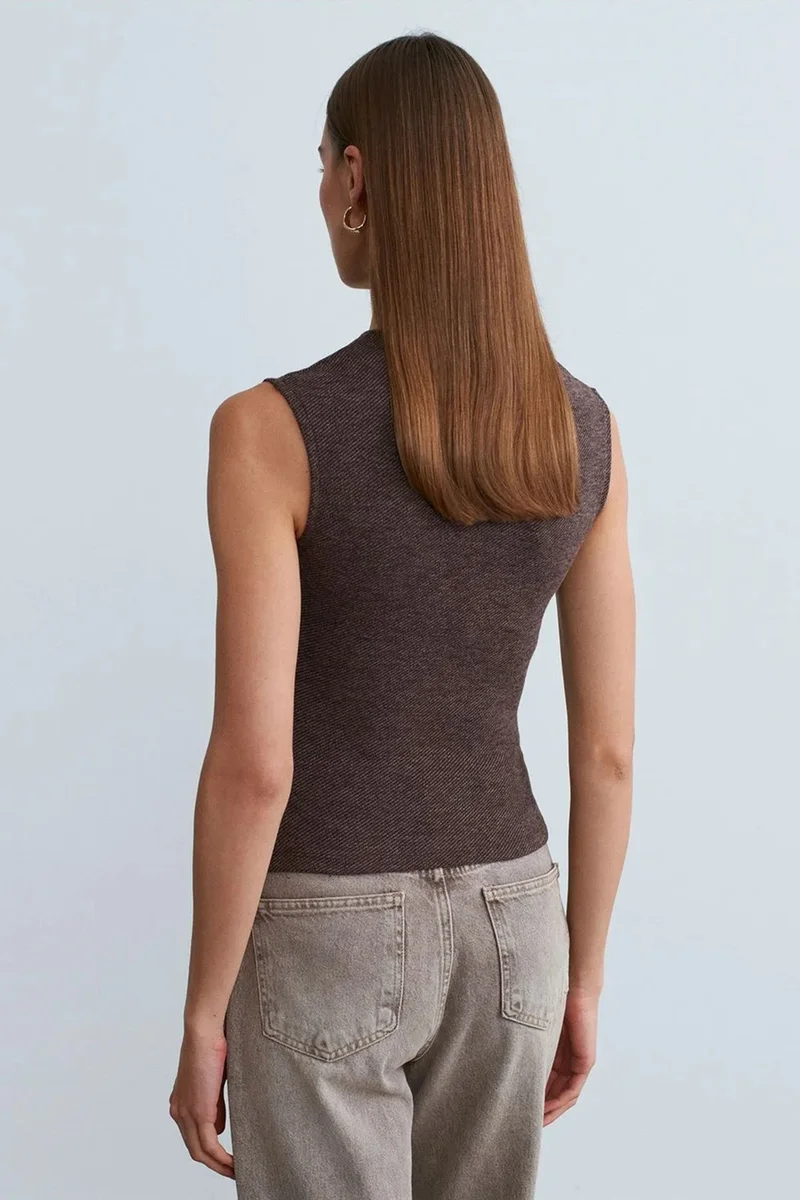 Dilvin Coffee Brown DILVIN Belted Ribbed Sleeveless Blouse for Women | Best Price UAE