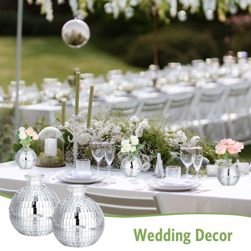 Layhit 6 PCS Disco Ball Vase for Flower and Plant 4 بوصة زجاج صغير مزهرية الفضة مرآة ميني ديسكو كرة زارع للداخلية في الهواء الطلق عيد ميلاد منزل غرفة نوم غرفة نوم الديكور - Image 4