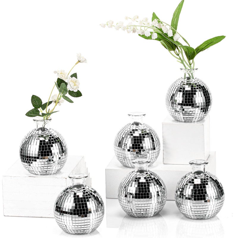 Layhit 6 PCS Disco Ball Vase for Flower and Plant 4 بوصة زجاج صغير مزهرية الفضة مرآة ميني ديسكو كرة زارع للداخلية في الهواء الطلق عيد ميلاد منزل غرفة نوم غرفة نوم الديكور - Image 1