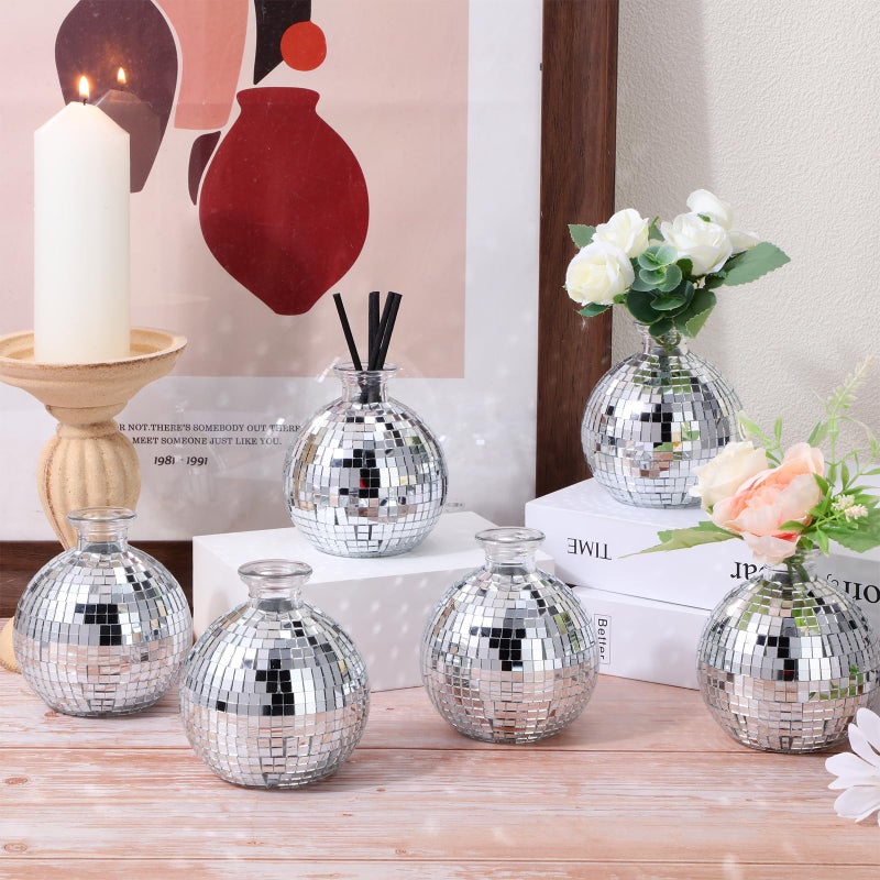 Layhit 6 PCS Disco Ball Vase for Flower and Plant 4 بوصة زجاج صغير مزهرية الفضة مرآة ميني ديسكو كرة زارع للداخلية في الهواء الطلق عيد ميلاد منزل غرفة نوم غرفة نوم الديكور - Image 3