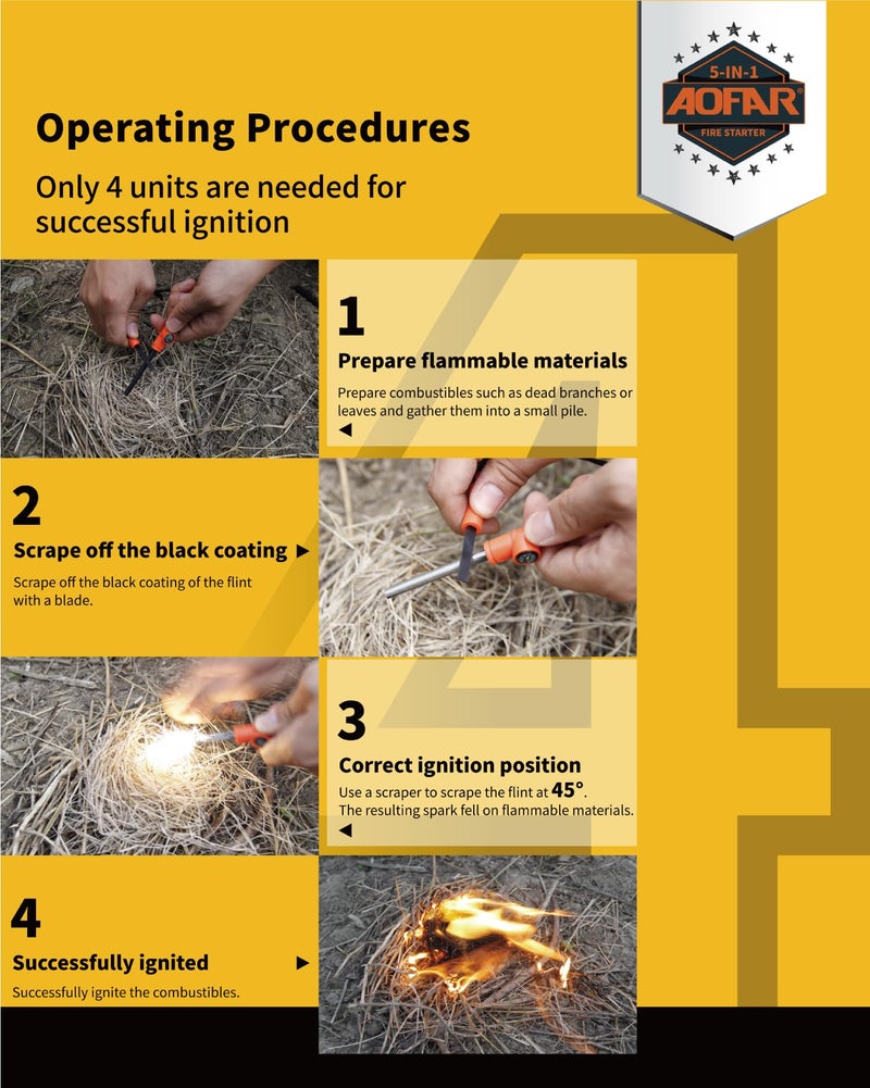 AOFAR Fire Starter AF-381 Fire Steel 5-in-1 for Camping, Hiking, Hunting, Backpacking, Boating, Outdoor Magnesium Survival Rod with Fire Paracord, Compass and Whistle, Waterproof (2-Pack)… - Image 3