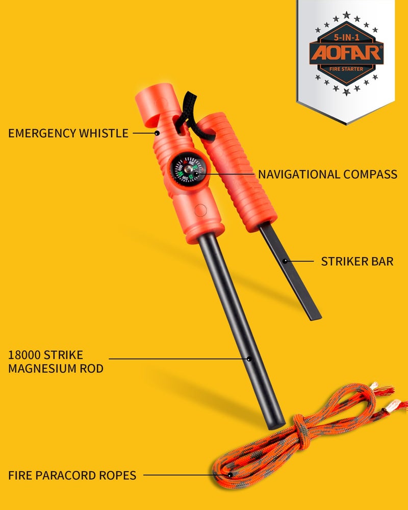 AOFAR Fire Starter AF-381 Fire Steel 5-in-1 for Camping, Hiking, Hunting, Backpacking, Boating, Outdoor Magnesium Survival Rod with Fire Paracord, Compass and Whistle, Waterproof (2-Pack)… - Image 2