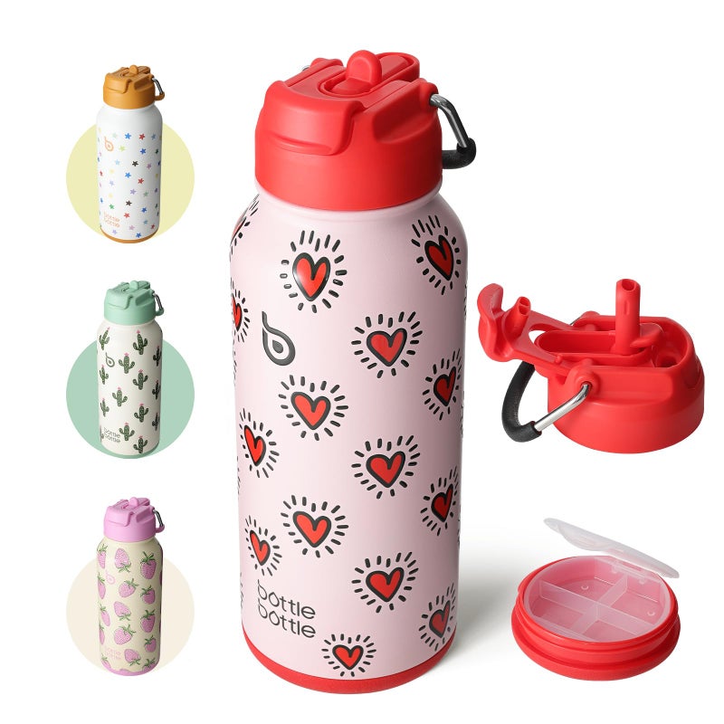 BOTTLE BOTTLE 32oz Insulated Water Bottle Stainless Steel Sport Water Bottle with Straw Dual-use Lid Design for Gym with Pill Box (Heartbeats) - Image 1
