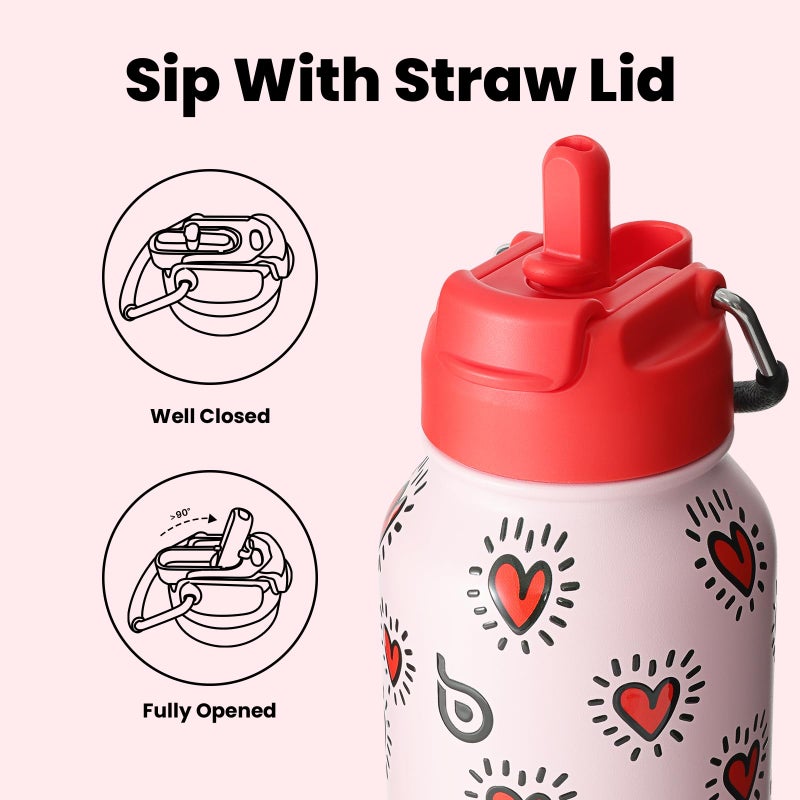 BOTTLE BOTTLE 32oz Insulated Water Bottle Stainless Steel Sport Water Bottle with Straw Dual-use Lid Design for Gym with Pill Box (Heartbeats) - Image 3