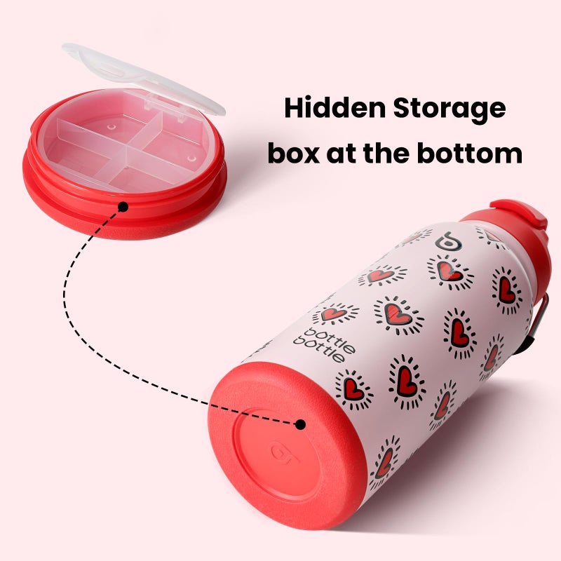 BOTTLE BOTTLE 32oz Insulated Water Bottle Stainless Steel Sport Water Bottle with Straw Dual-use Lid Design for Gym with Pill Box (Heartbeats) - Image 2