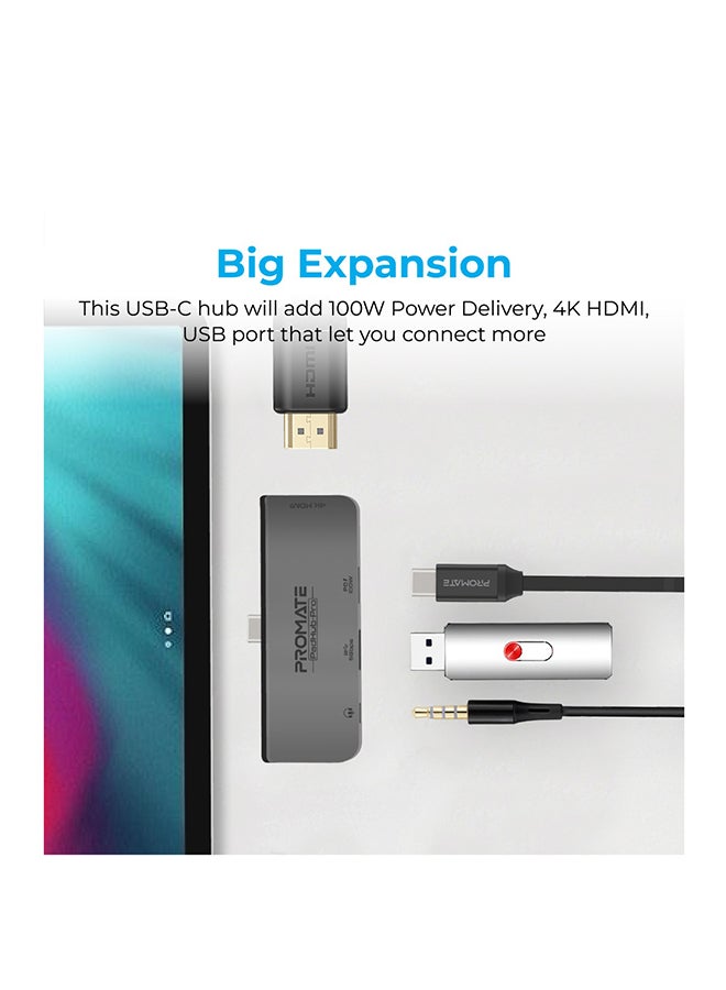 بروميت موزع باد هاب-برو بمنفذ USB Type-C بتقنية PD وبقدرة 100 وات ومنفذ USB 3.0 ومنفذ HDMI بجودة 4K ومنفذ مقاس 3.5 مم رمادي - Image 2