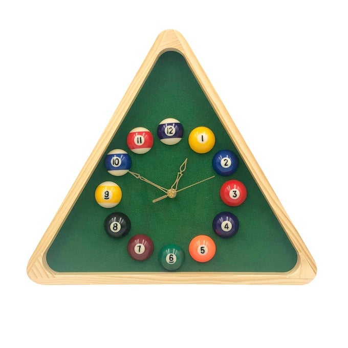 BILLIARDS POOL BALL CLOCK 14INCH TRIANGLE POOL TABLE COOL WALL CLOCK WITH SOLID WOOD FRAMEGREAT FOR BILLIARDS ROOMPOOL ROOMGAME ROOMBAR