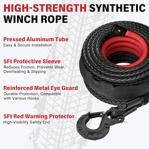 HOKINETY Synthetic Winch Rope Kit - 3/8" x 100' 27000 lbs Synthetic Winch Cable for ATV UTV Off-Road Vehicles with Forged Hook, Protective Sleeve and Safety Pull Strap - Black - Image 2