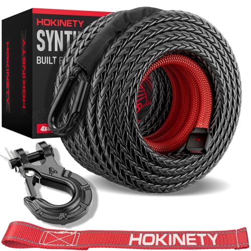 HOKINETY Synthetic Winch Rope Kit - 3/8" x 100' 27000 lbs Synthetic Winch Cable for ATV UTV Off-Road Vehicles with Forged Hook, Protective Sleeve and Safety Pull Strap - Black - Image 1