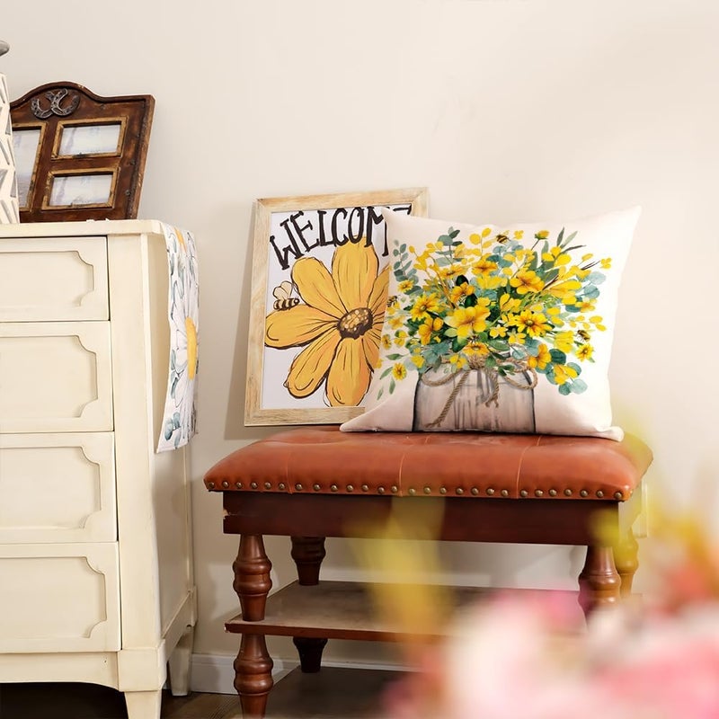 AACORS Spring Pillow Cover 18x18 Inch Eucalyptus Flowers Decor Vase Bee Farmhouse Summer Pillow Case Decorations for Home Sofa Couch AA509-18 - Image 3