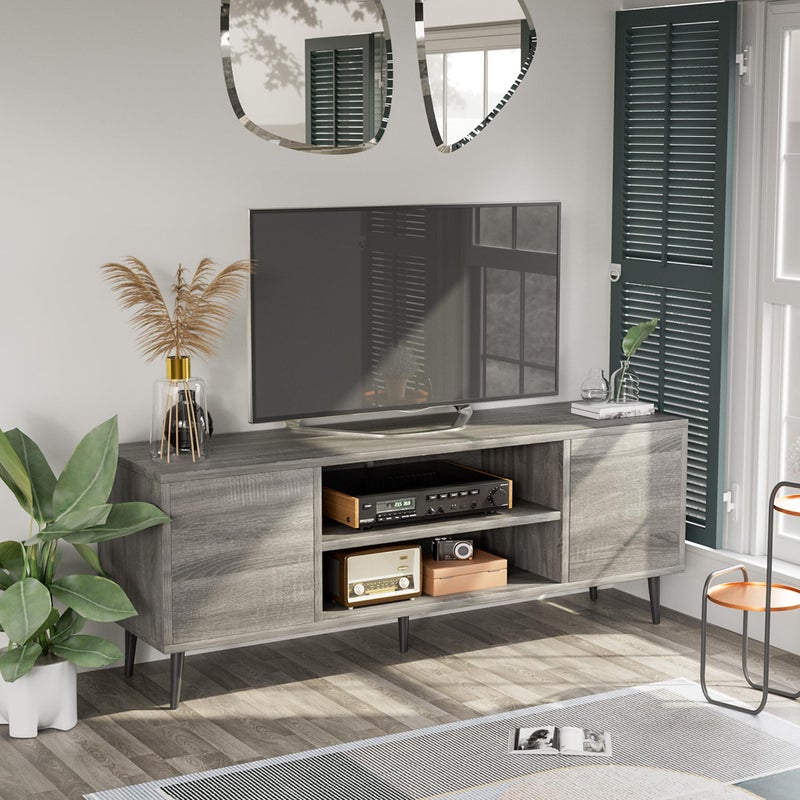 JUMMICO TV Stand for 65 Inch TV Mid Century Modern TV Stand Entertainment Center with Storage Cabinet and Open Shelves TV Console Table Media Cabinet for Living Room and Bedroom Gray