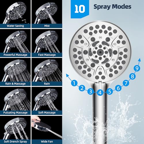 Hibbent 12'' All Metal Shower Head, High Pressure Rainfall Shower Head, Handheld Showerhead Combo, 12'' Adjustable Curved Shower Extension Arm, 10-Spray, 71'' Hose, Adhesive Showerhead Holder, Chrome - Image 5