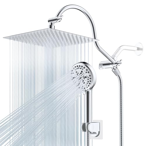 Hibbent 12'' All Metal Shower Head, High Pressure Rainfall Shower Head, Handheld Showerhead Combo, 12'' Adjustable Curved Shower Extension Arm, 10-Spray, 71'' Hose, Adhesive Showerhead Holder, Chrome - Image 1