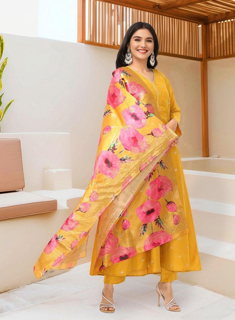 ISHIN Women's Yellow Polyester Blend Embellished Tunic Full Length Casual Straight Fit Kurta Set - Image 1