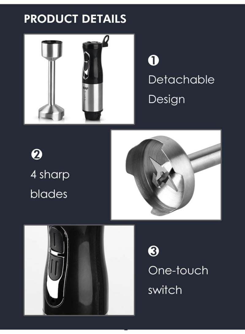 آر إيه أف خلاط RAF اليدوي R.278، أداة أساسية في المطبخ، مصمم لإتقان الطهي. بفضل محركه القوي بقوة 800 واط وإعدادات سرعتين (13000-15000 دورة في الدقيقة)، يضمن هذا الخلاط اليدوي خلطًا فعالًا للشوربات والعصائر وهريس الخضار والعصائر المخفوقة. - Image 4